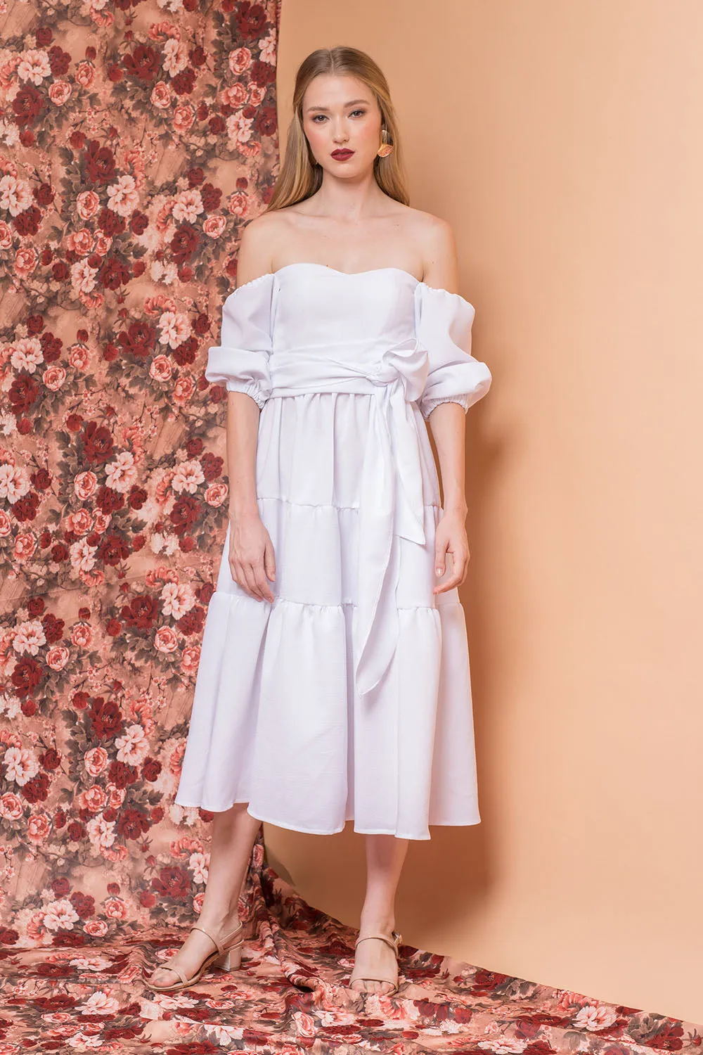 MARQUITA Puff Sleeve Midi Dress with Detachable Tie (White Linen)