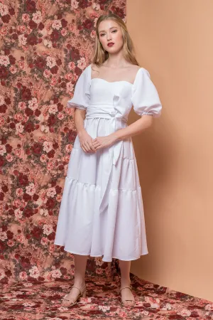 MARQUITA Puff Sleeve Midi Dress with Detachable Tie (White Linen)