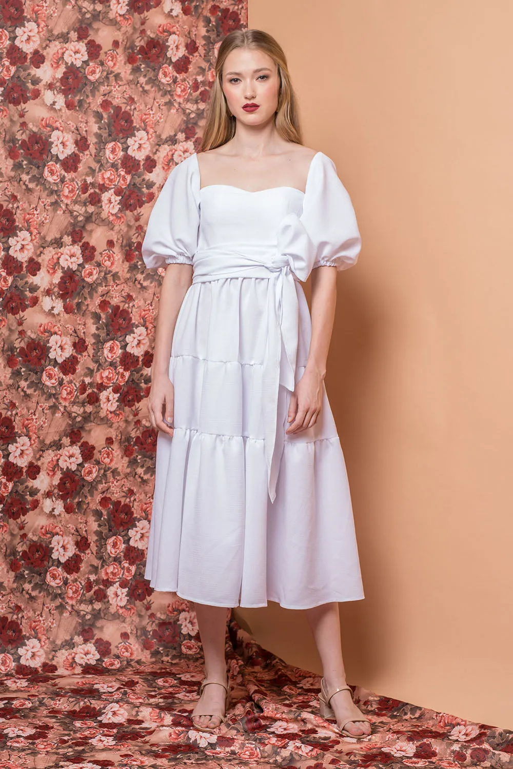 MARQUITA Puff Sleeve Midi Dress with Detachable Tie (White Linen)