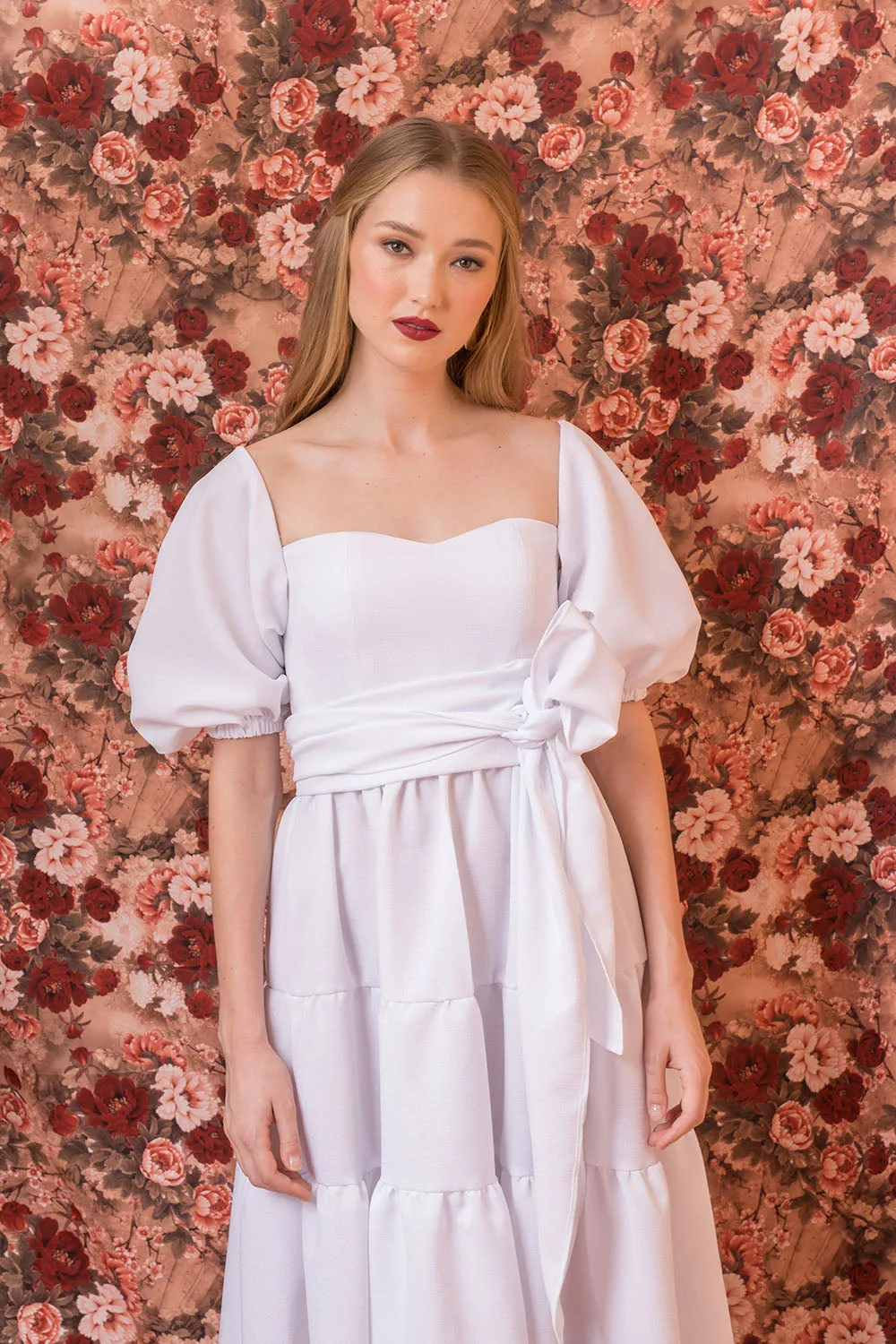 MARQUITA Puff Sleeve Midi Dress with Detachable Tie (White Linen)