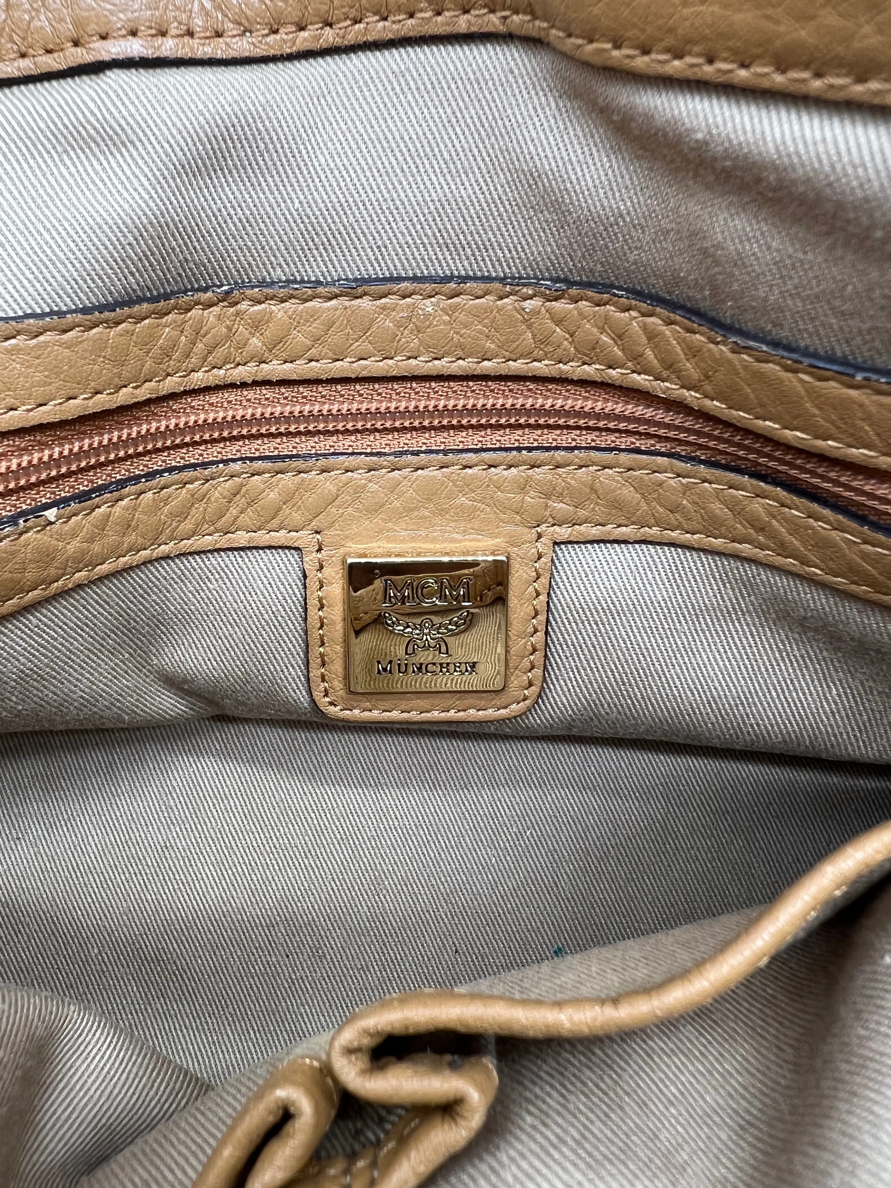 MCM Cognac Tan Visetos Heritage Pleated Buckle Shoulder Bag