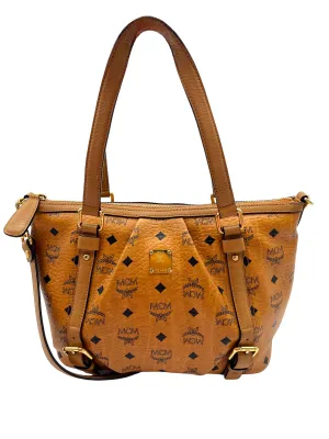 MCM Cognac Tan Visetos Heritage Pleated Buckle Shoulder Bag