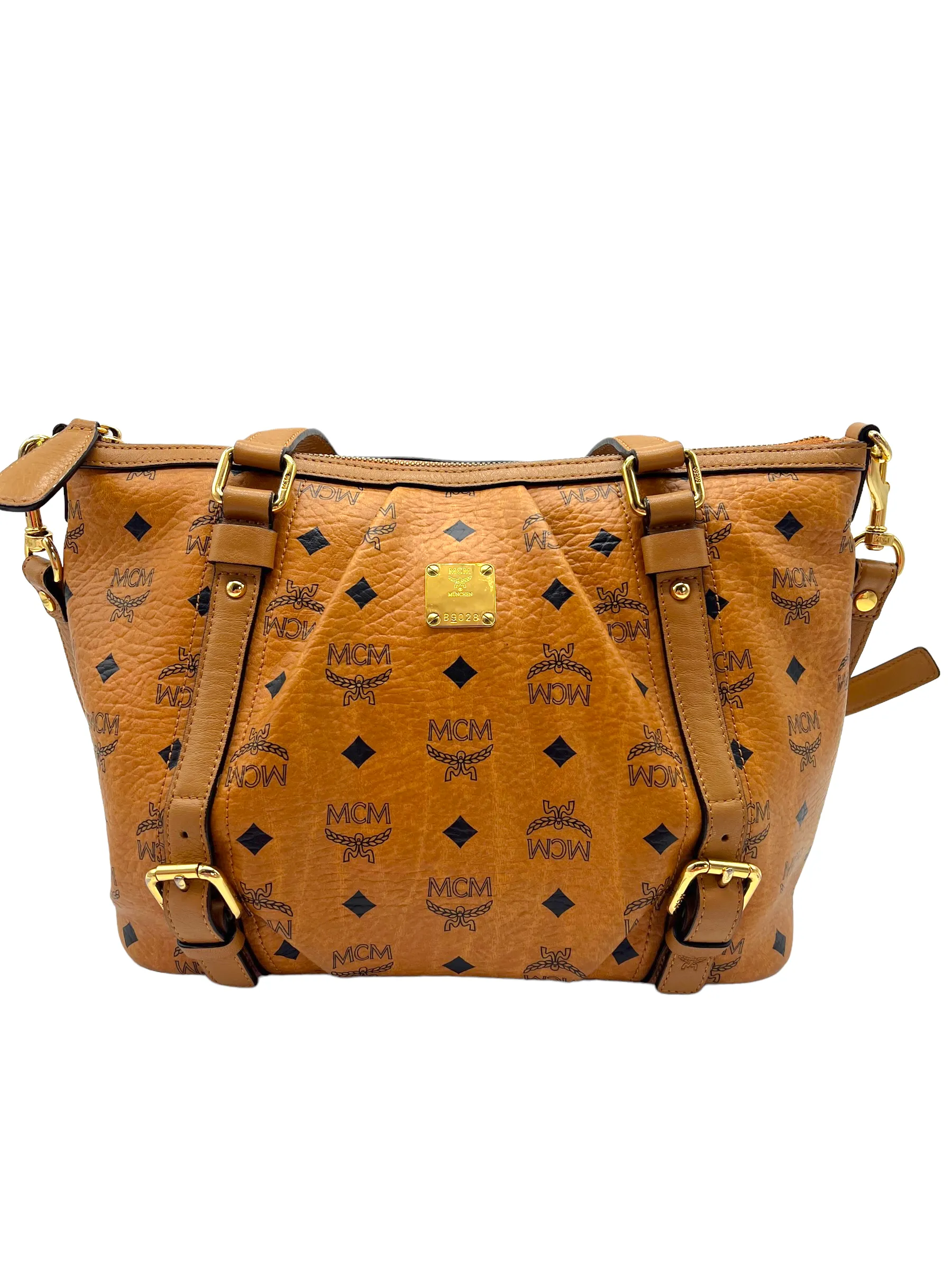 MCM Cognac Tan Visetos Heritage Pleated Buckle Shoulder Bag