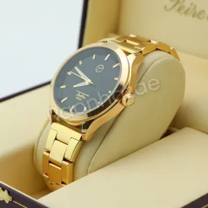 Men 14K Gold PT Round Bezel Metal Band Watch 10mm Gold Miami Cuban Bracelet H80