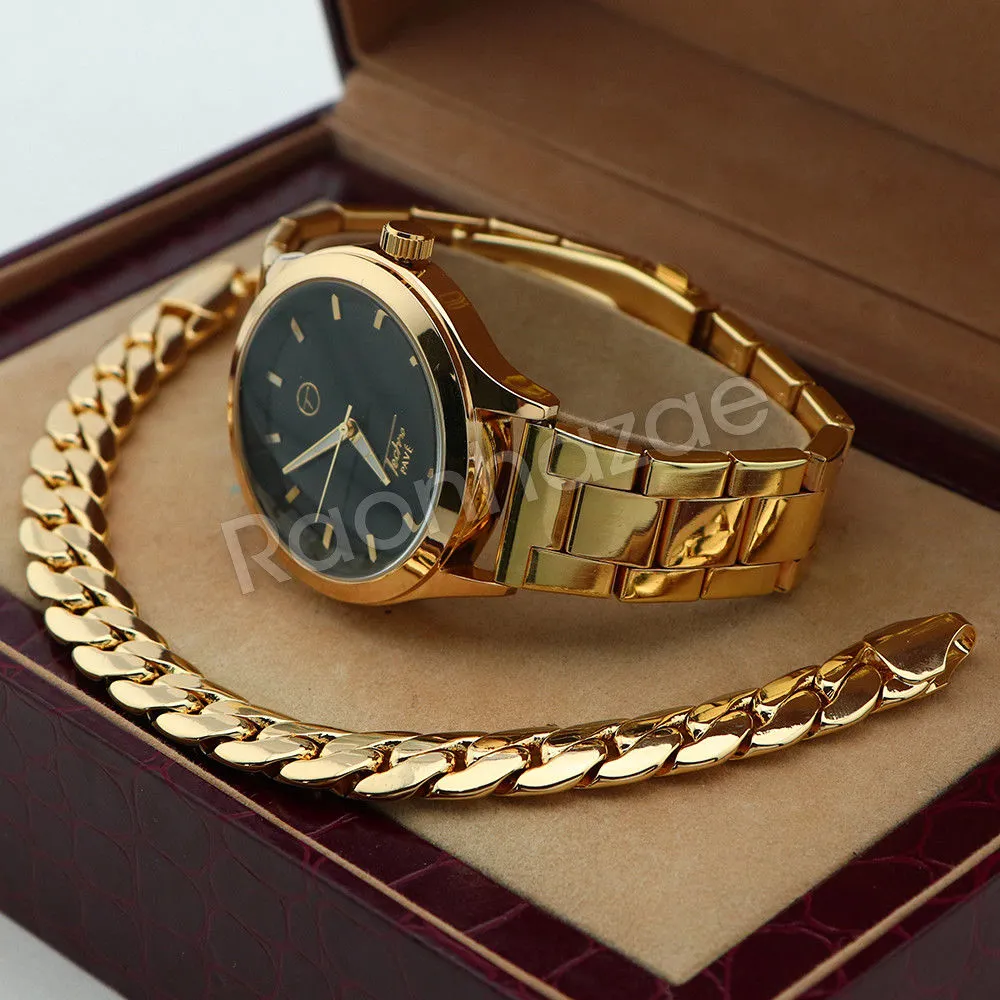 Men 14K Gold PT Round Bezel Metal Band Watch 10mm Gold Miami Cuban Bracelet H80