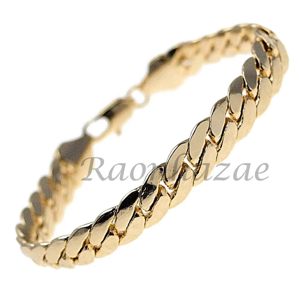 Men 14K Gold PT Round Bezel Metal Band Watch 10mm Gold Miami Cuban Bracelet H80