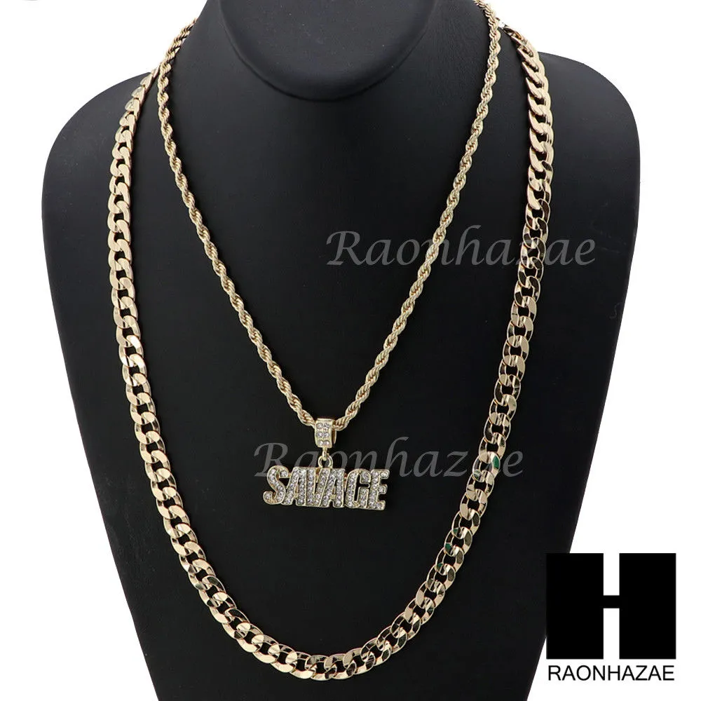 MENS BLING SAVAGE PENDANT DIAMOND CUT 30" CUBAN CHAIN NECKLACE SET G32