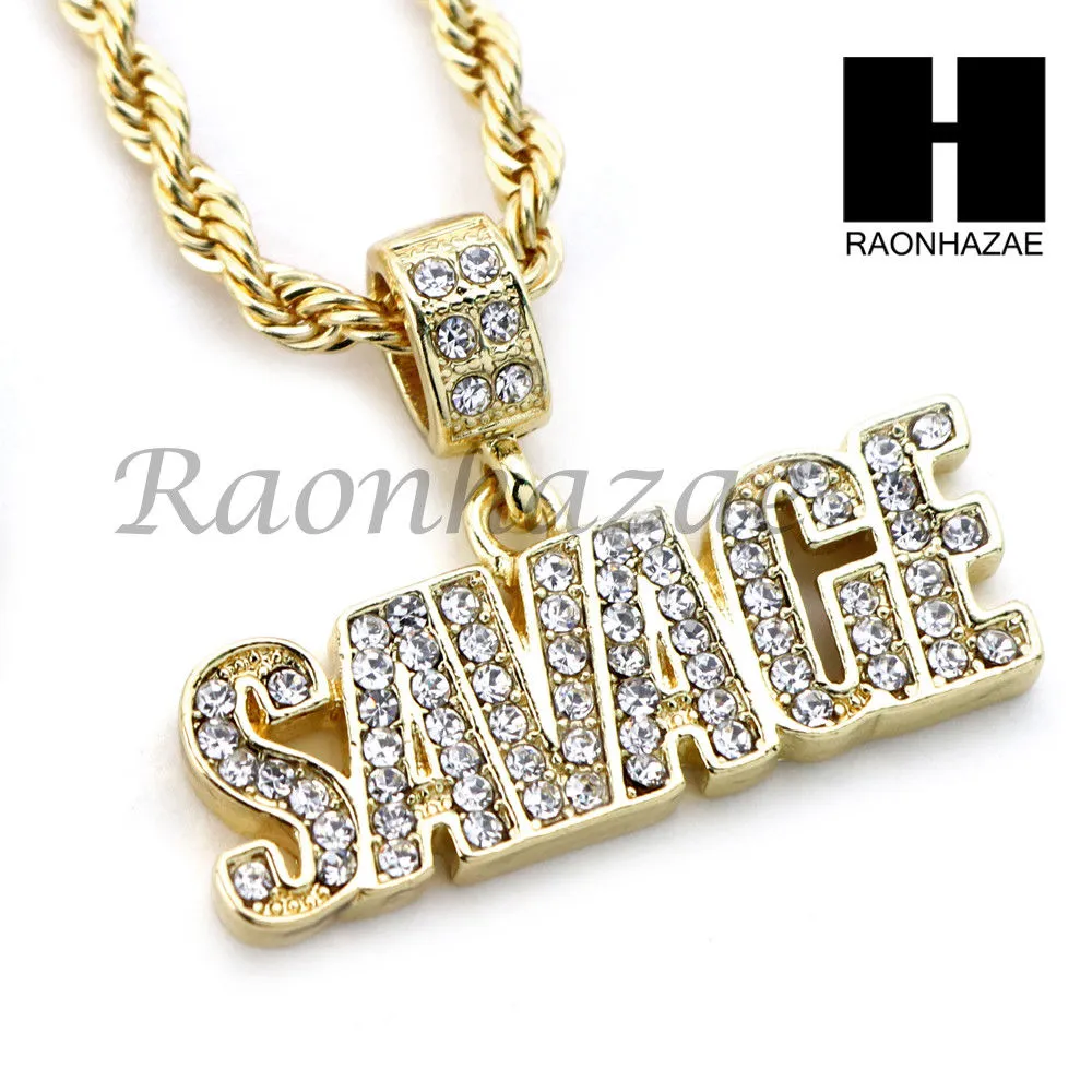 MENS BLING SAVAGE PENDANT DIAMOND CUT 30" CUBAN CHAIN NECKLACE SET G32