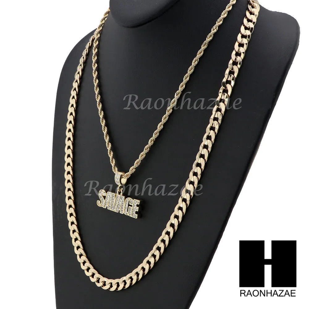 MENS BLING SAVAGE PENDANT DIAMOND CUT 30" CUBAN CHAIN NECKLACE SET G32