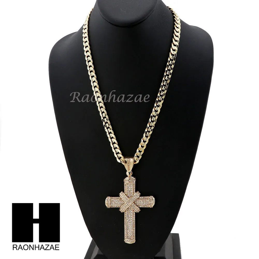 MENS LARGE CROSS PENDANT & DIAMOND CUT CUBAN LINK CHAIN NECKLACE N58