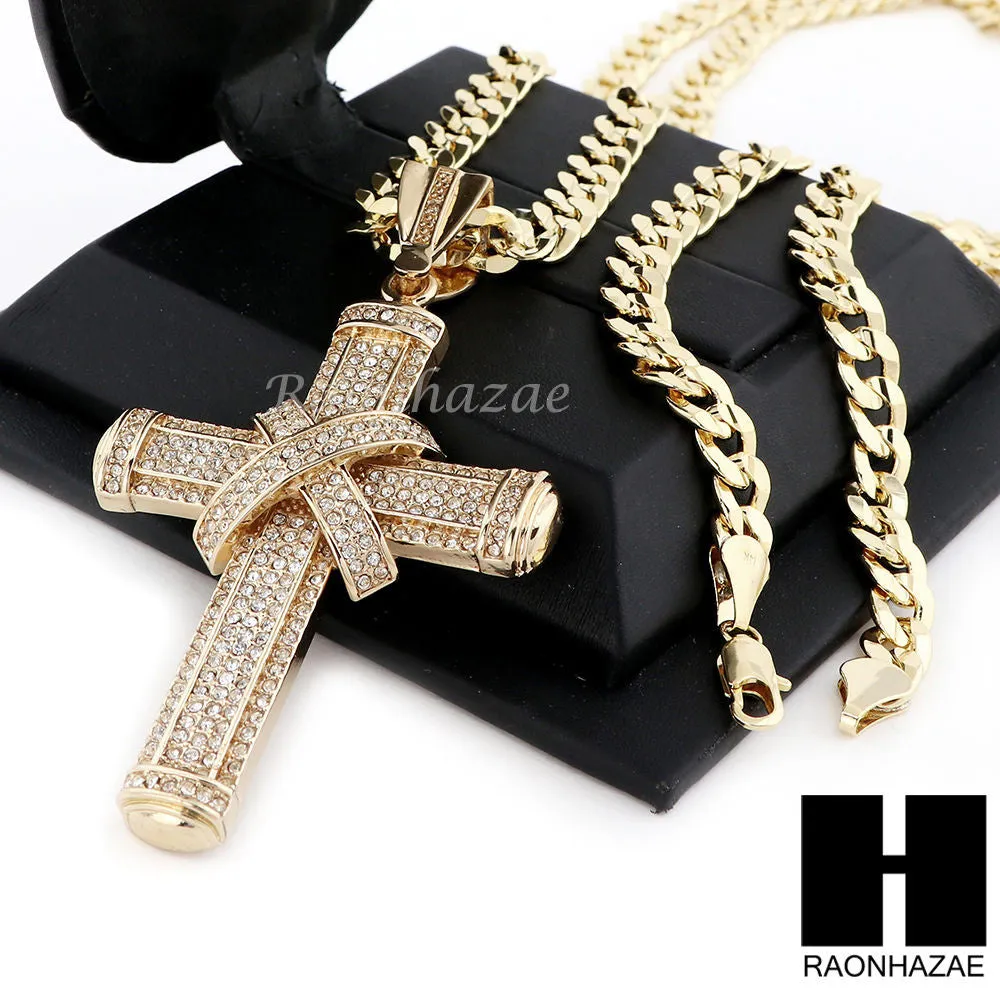 MENS LARGE CROSS PENDANT & DIAMOND CUT CUBAN LINK CHAIN NECKLACE N58