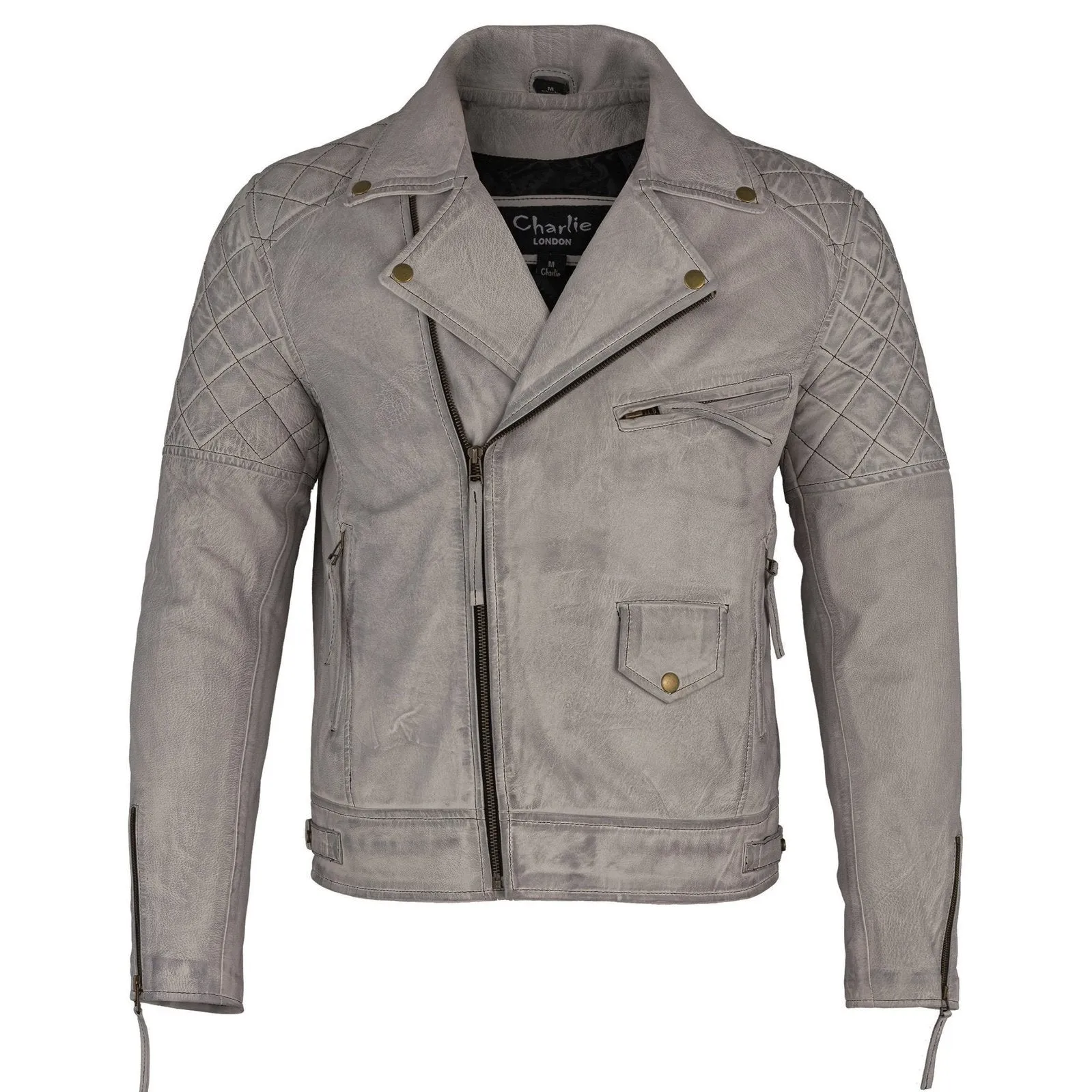 Mens Soltau Diamond Biker Style Grey Leather Jacket