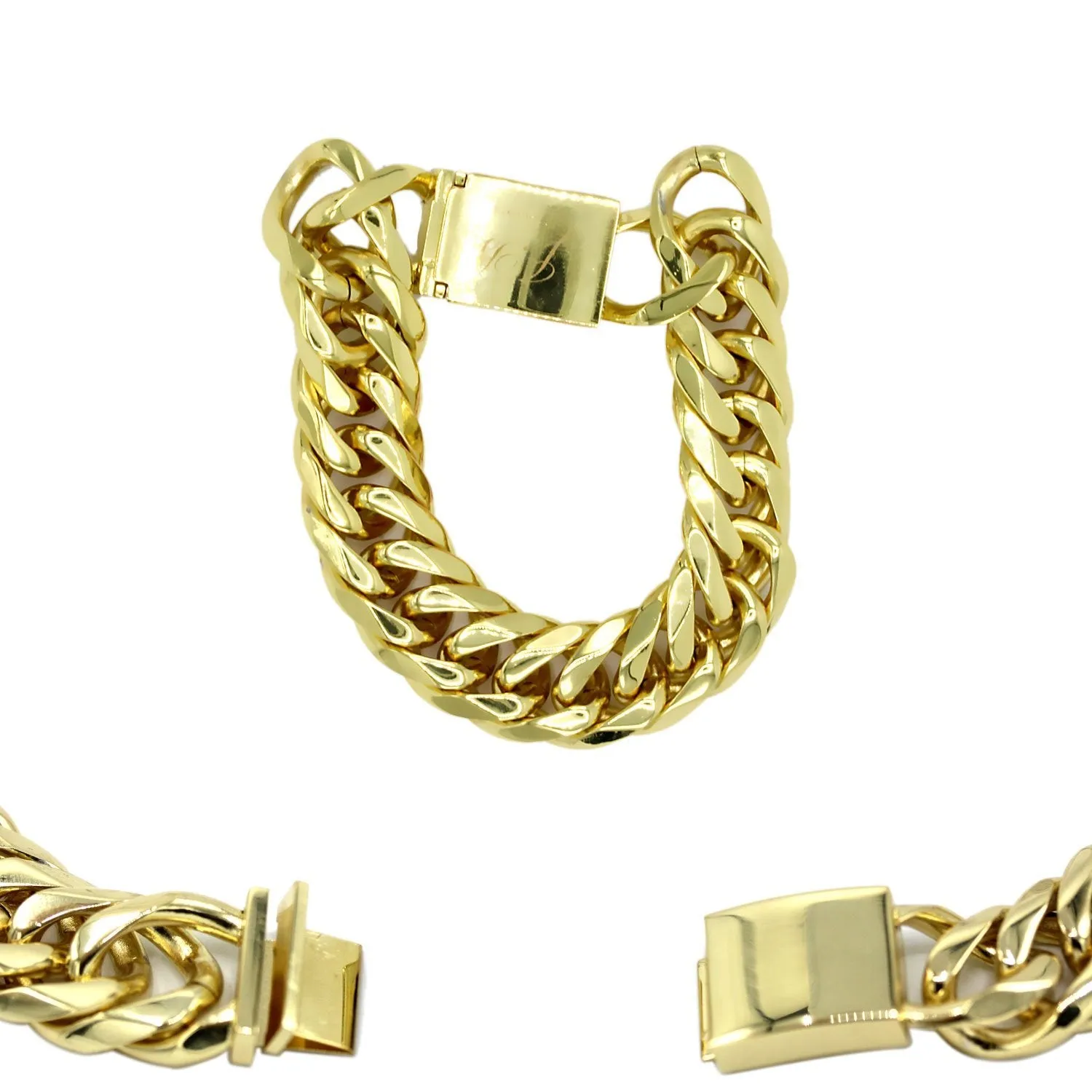 Miami Cuban Link Chain Bracelet 18K Gold Plated Stainless Steel Double Link Men Jewelry