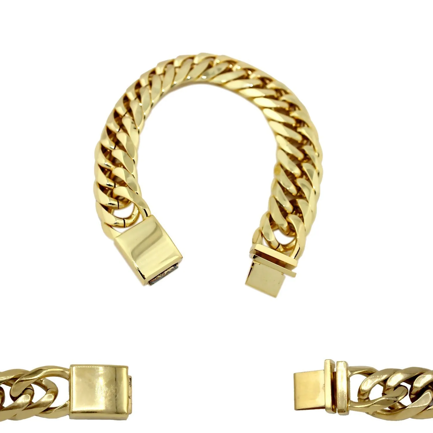 Miami Cuban Link Chain Bracelet 18K Gold Plated Stainless Steel Double Link Men Jewelry