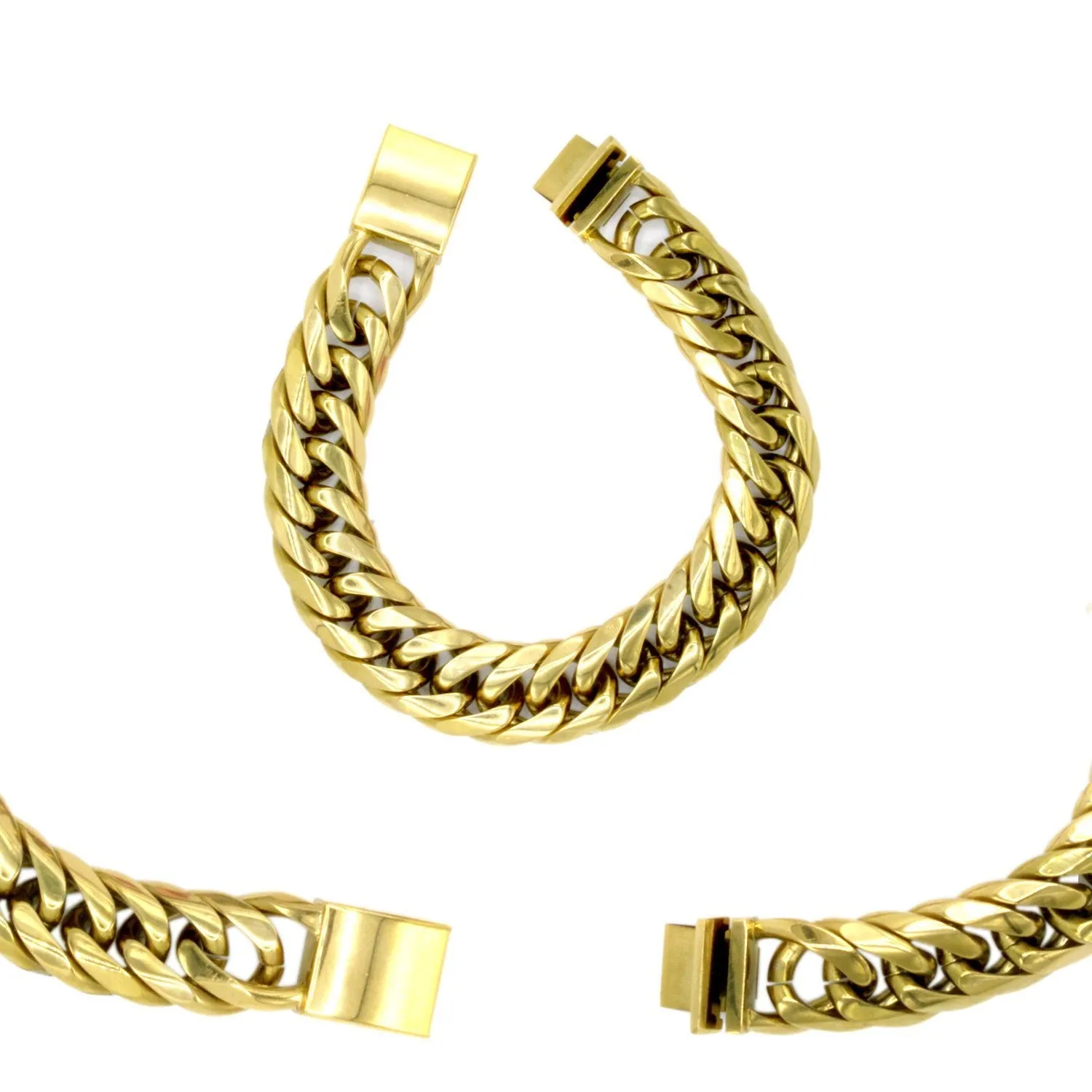 Miami Cuban Link Chain Bracelet 18K Gold Plated Stainless Steel Double Link Men Jewelry