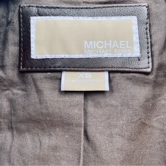 Micheal Kors Brown Leather Biker Jacket w. Quilted Shoulders Gold Tone Hardware