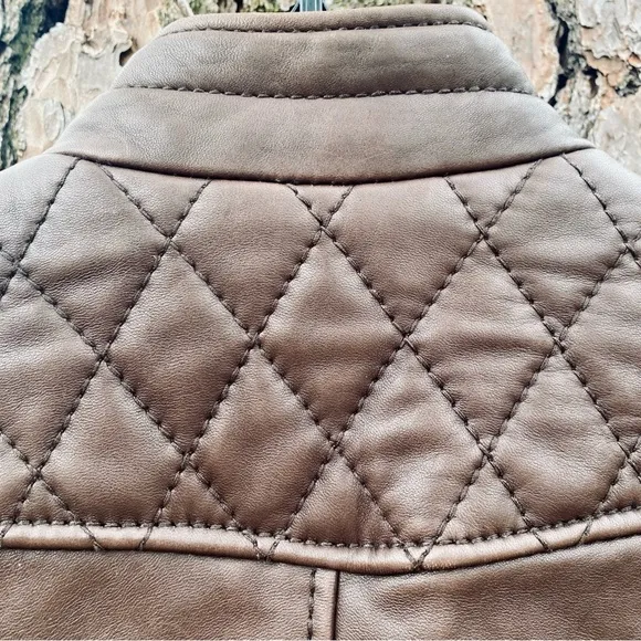 Micheal Kors Brown Leather Biker Jacket w. Quilted Shoulders Gold Tone Hardware