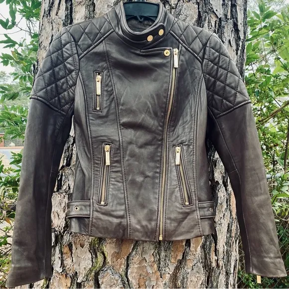 Micheal Kors Brown Leather Biker Jacket w. Quilted Shoulders Gold Tone Hardware