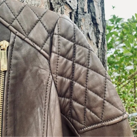 Micheal Kors Brown Leather Biker Jacket w. Quilted Shoulders Gold Tone Hardware
