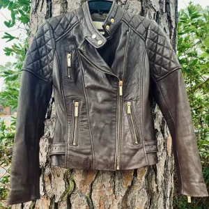 Micheal Kors Brown Leather Biker Jacket w. Quilted Shoulders Gold Tone Hardware