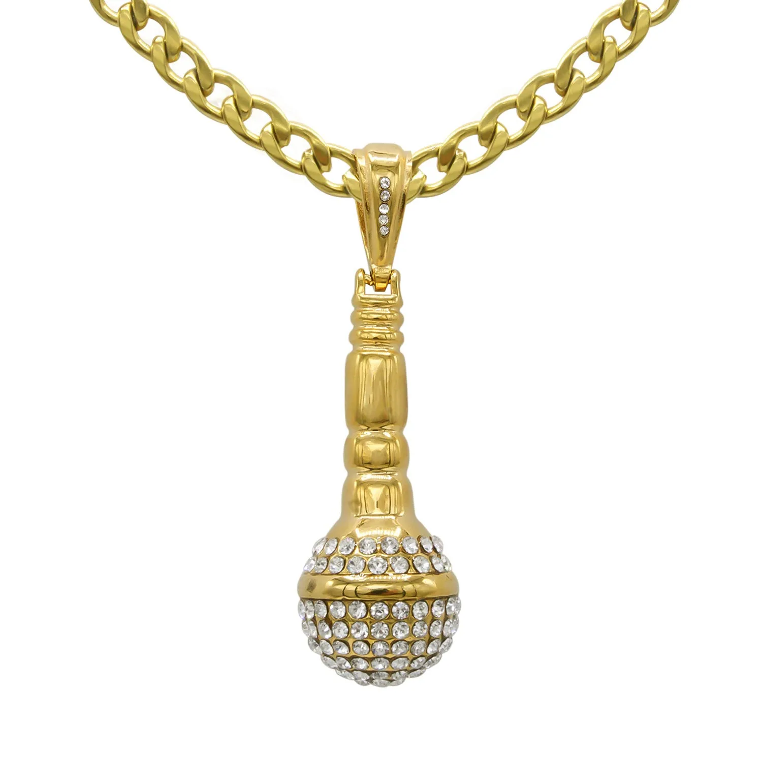 Microphone Cubic Zirconia Pendant with Necklace Set 14K Gold Plated Stainless Steel