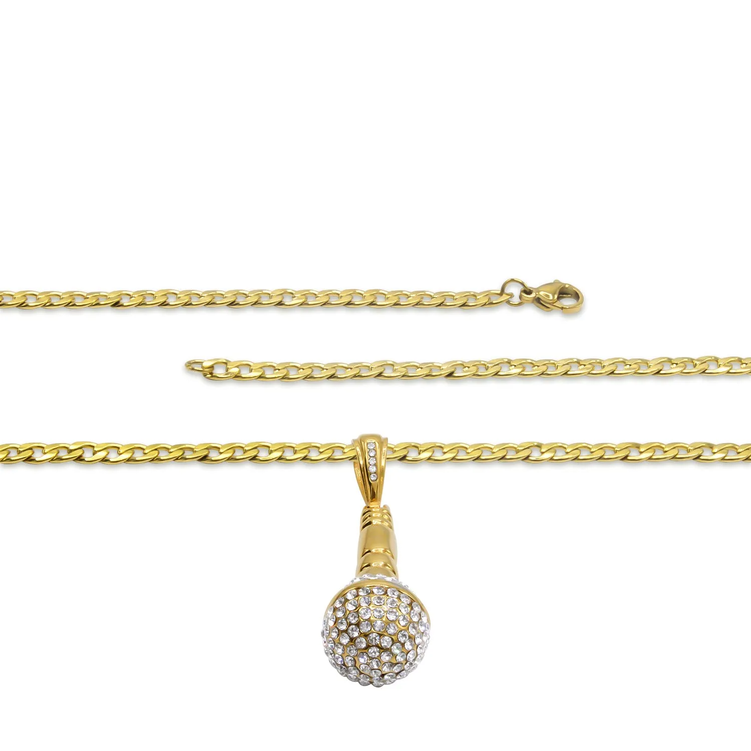 Microphone Cubic Zirconia Pendant with Necklace Set 14K Gold Plated Stainless Steel