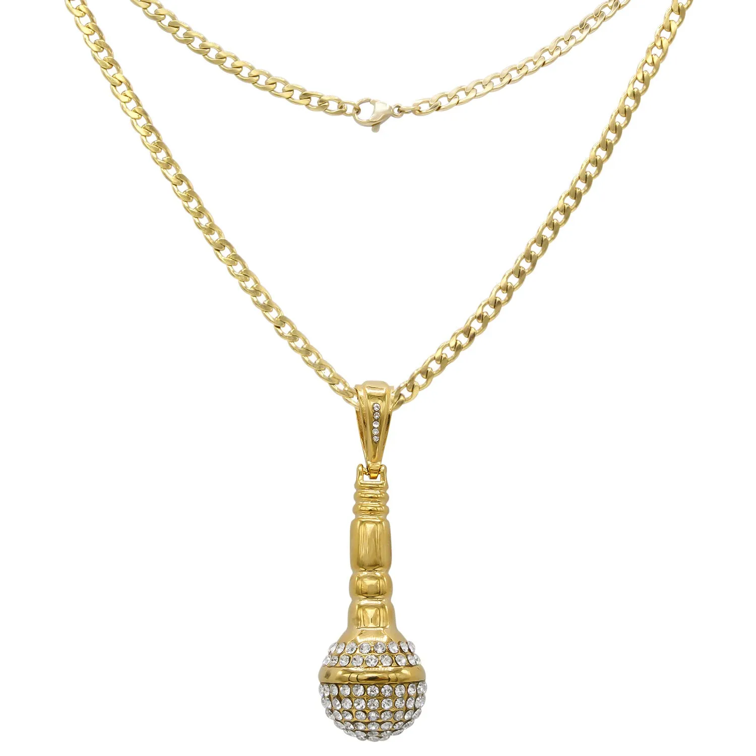 Microphone Cubic Zirconia Pendant with Necklace Set 14K Gold Plated Stainless Steel