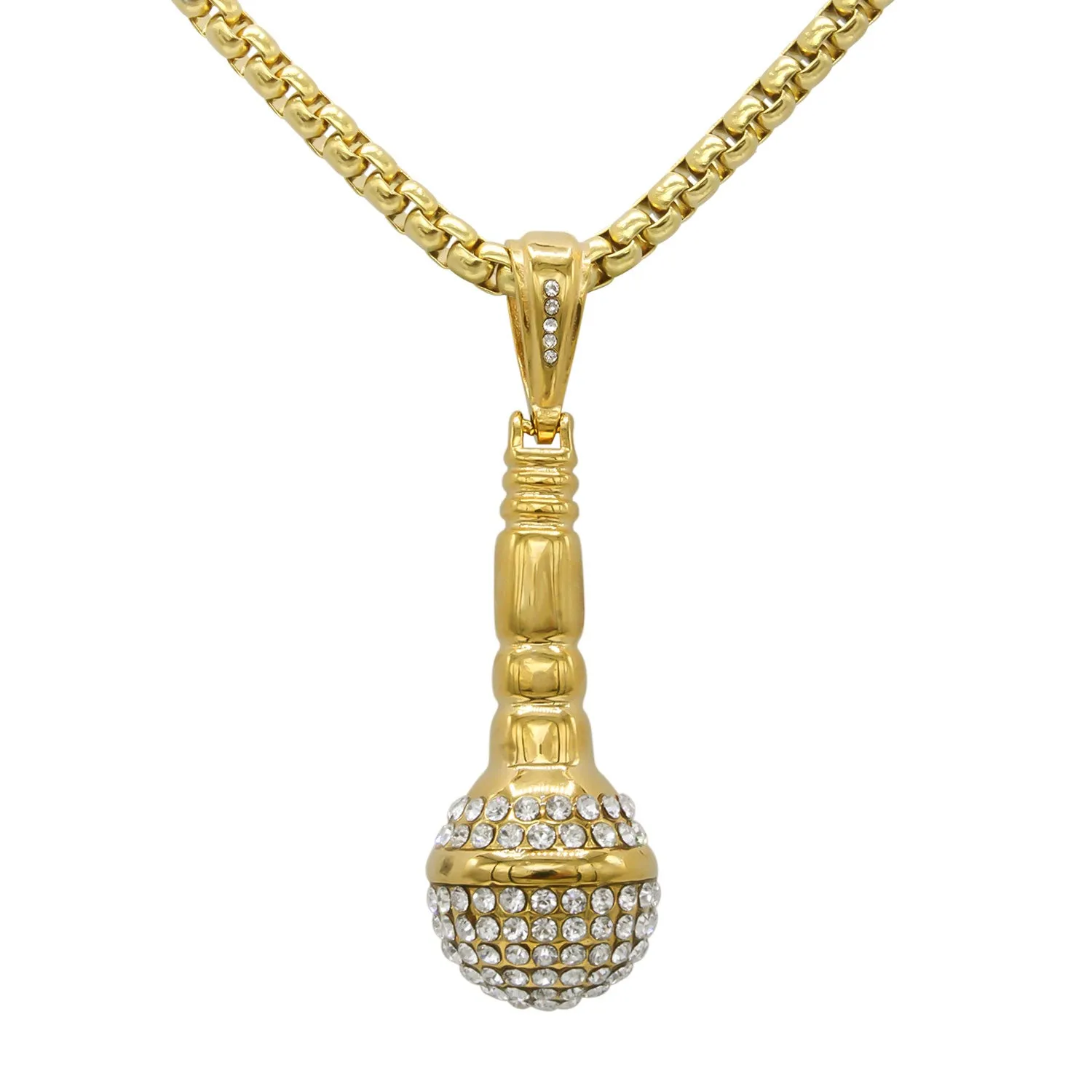 Microphone Cubic Zirconia Pendant with Necklace Set 14K Gold Plated Stainless Steel