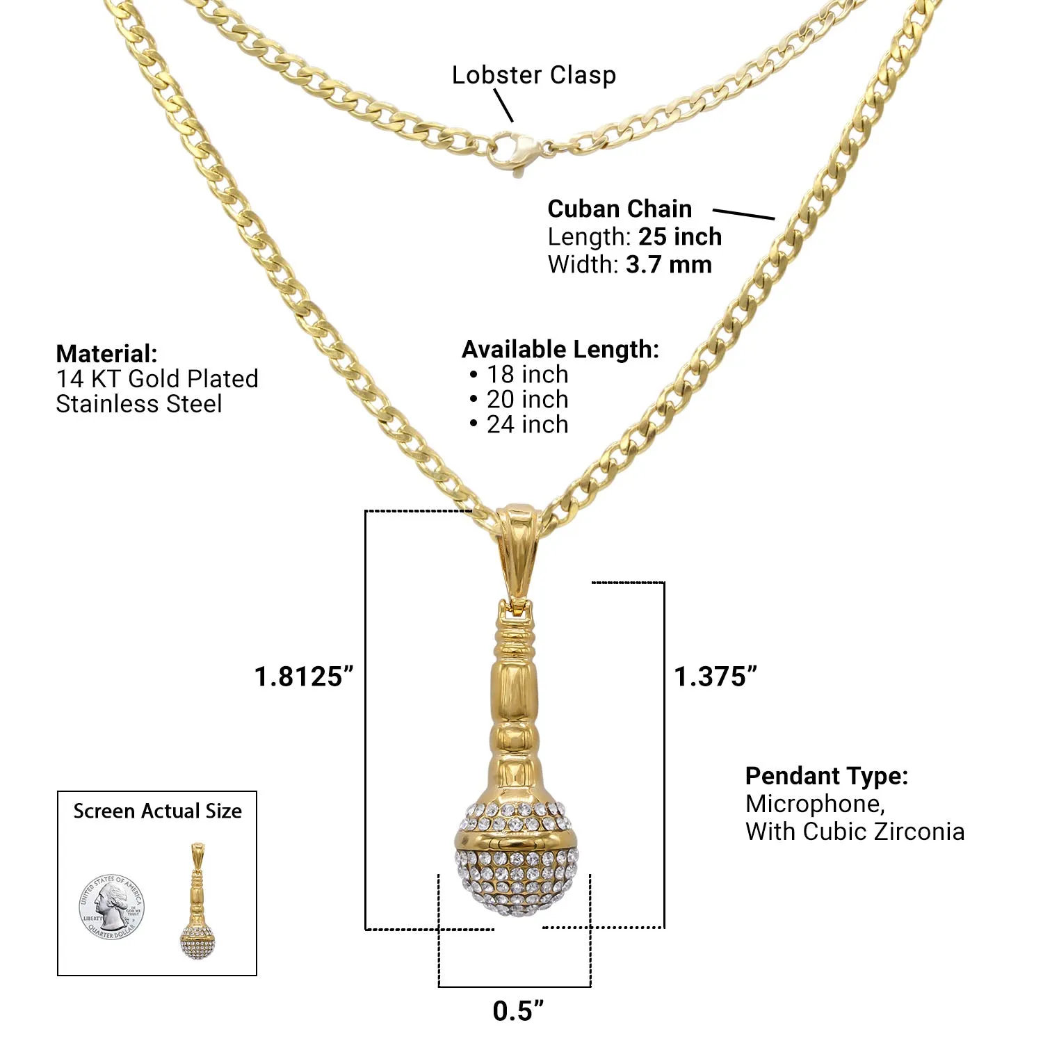 Microphone Cubic Zirconia Pendant with Necklace Set 14K Gold Plated Stainless Steel