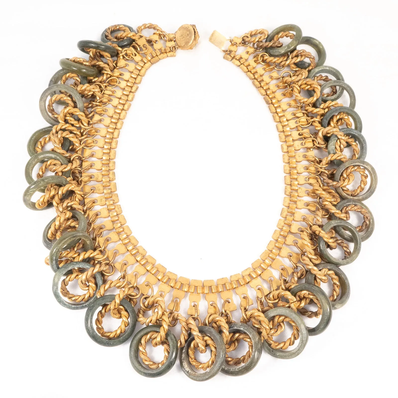 Miriam Haskell Green Stone Chain Link Fringe Necklace
