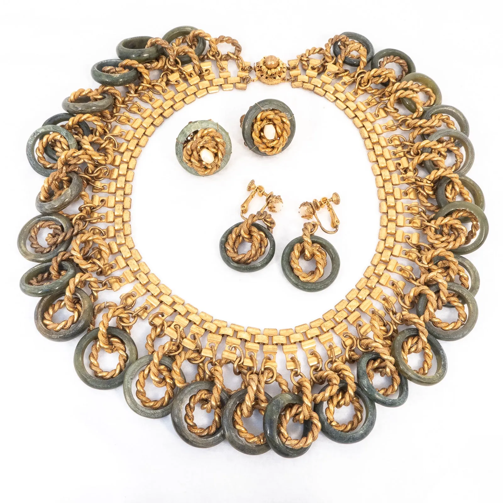 Miriam Haskell Green Stone Chain Link Fringe Necklace