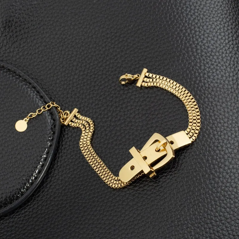 Multi-Layer Gold Belt Strap Bangle Bracelet Women Charm Jewelry