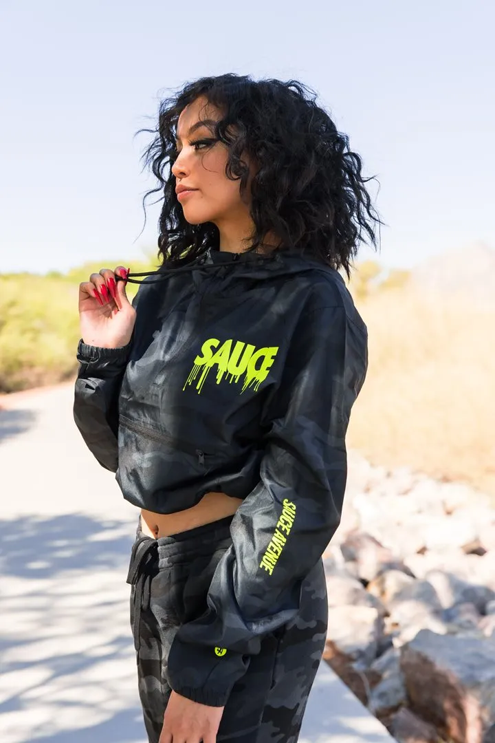 Neon Yellow Sauce | Black Camo Crop-Zip Windbreaker