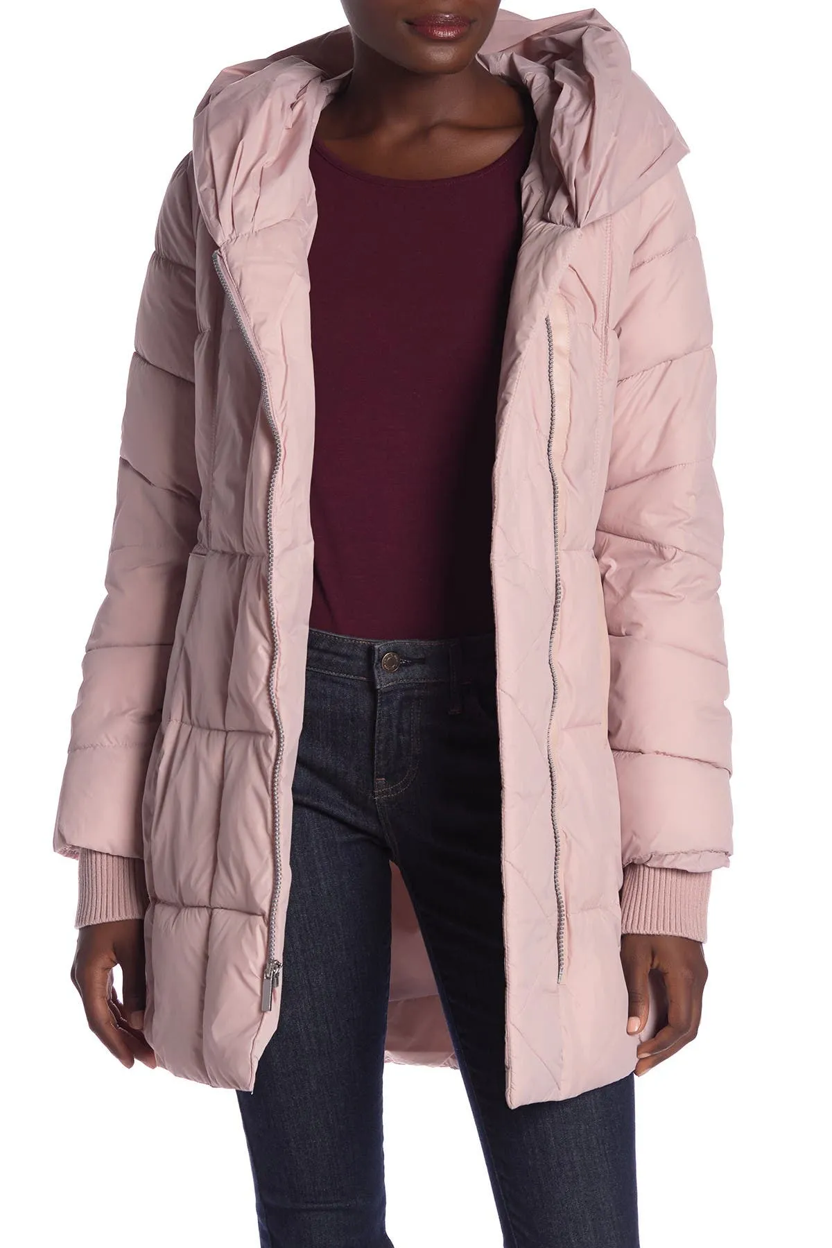 New Women's 3/4 Length french connection pillow collar puffer Jacket in Blush Pink, Sz XL! Retails $347 
