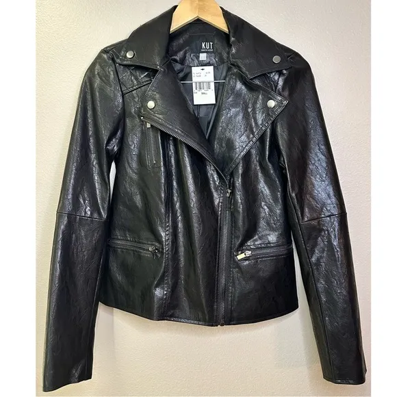 NWT Kut from the Kloth Quinn Faux Leather Moto Jacket Quilted Shoulder Detail