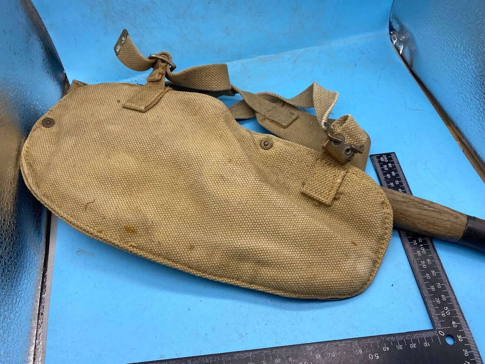 Original WW2 British Army Canvas Handle, Carrier & 1944 Dated Helve with Strap
