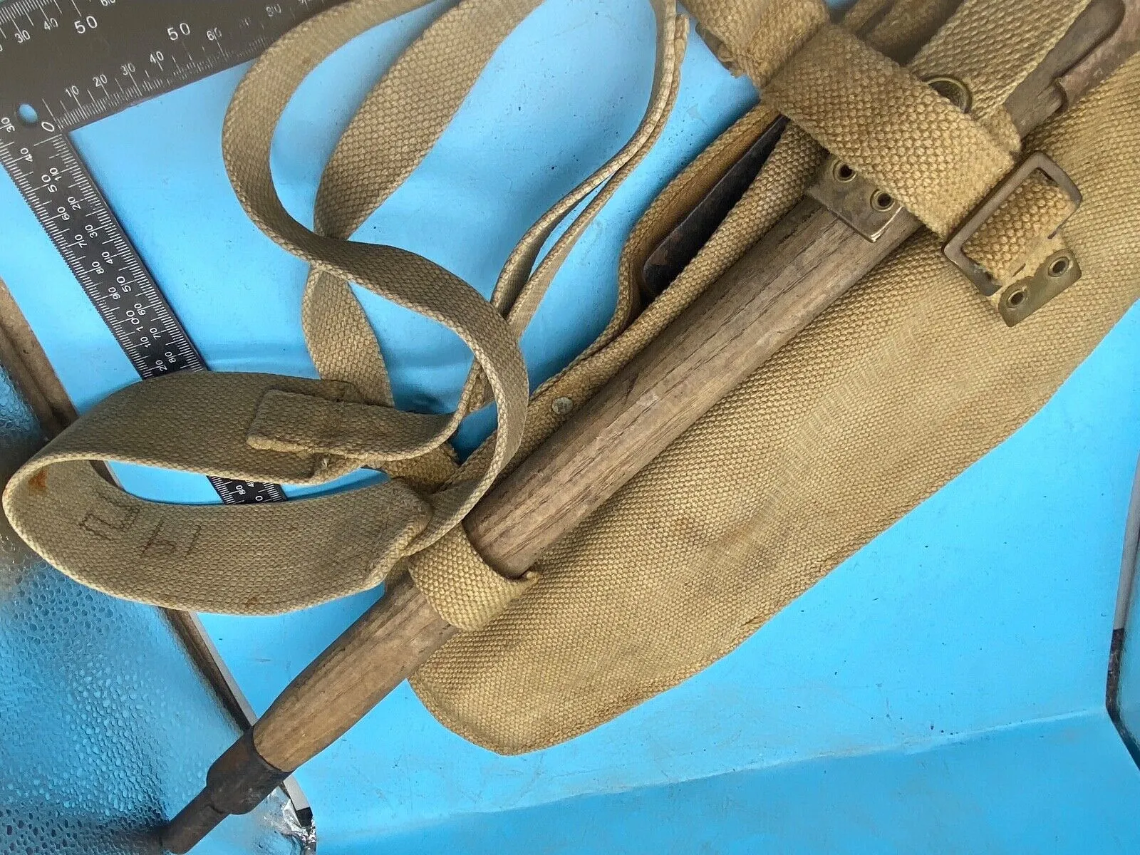 Original WW2 British Army Canvas Handle, Carrier & 1944 Dated Helve with Strap