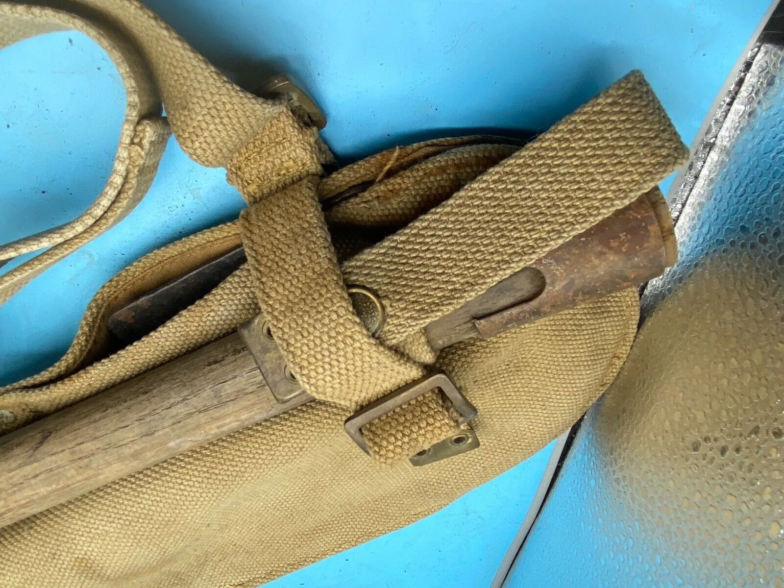 Original WW2 British Army Canvas Handle, Carrier & 1944 Dated Helve with Strap