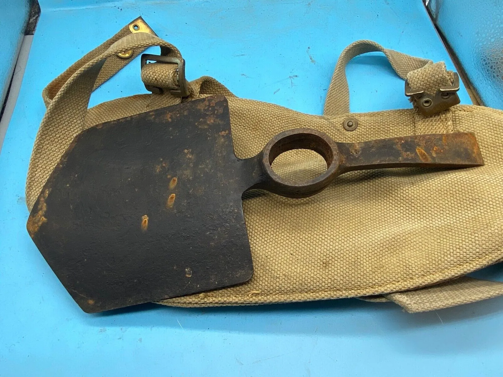Original WW2 British Army Canvas Handle, Carrier & 1944 Dated Helve with Strap