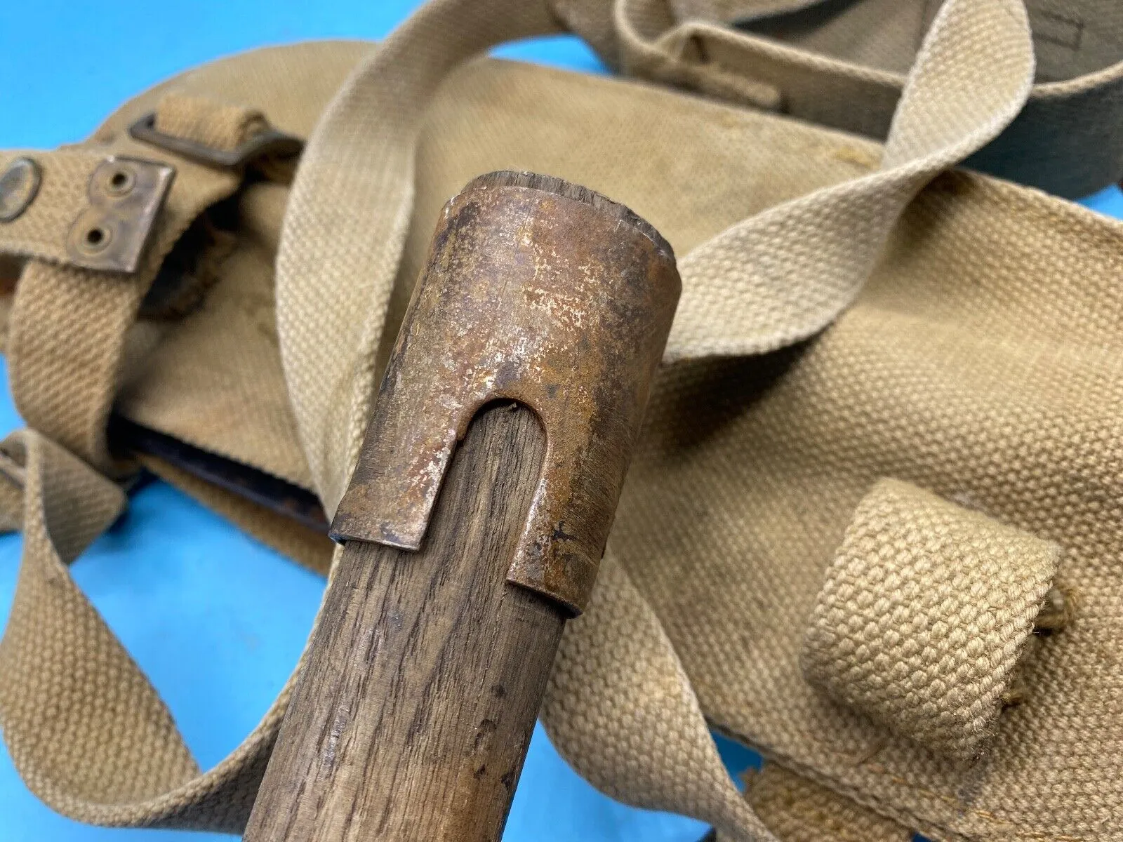 Original WW2 British Army Canvas Handle, Carrier & 1944 Dated Helve with Strap