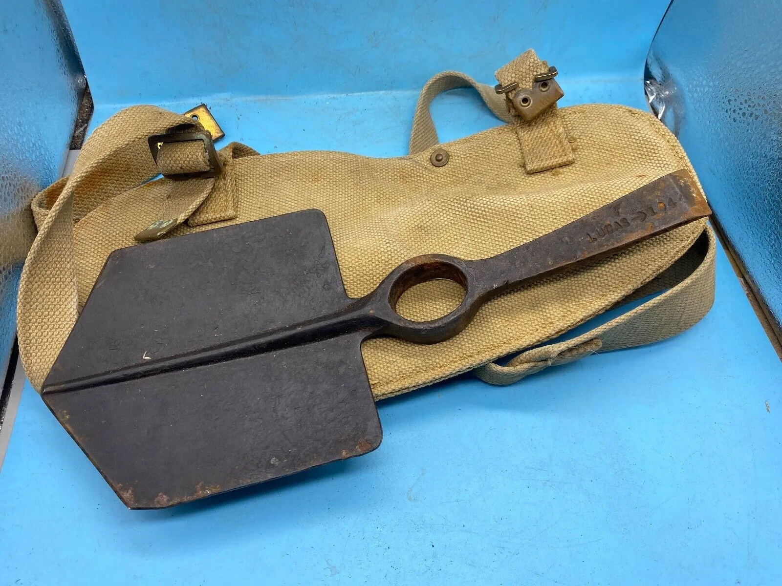 Original WW2 British Army Canvas Handle, Carrier & 1944 Dated Helve with Strap