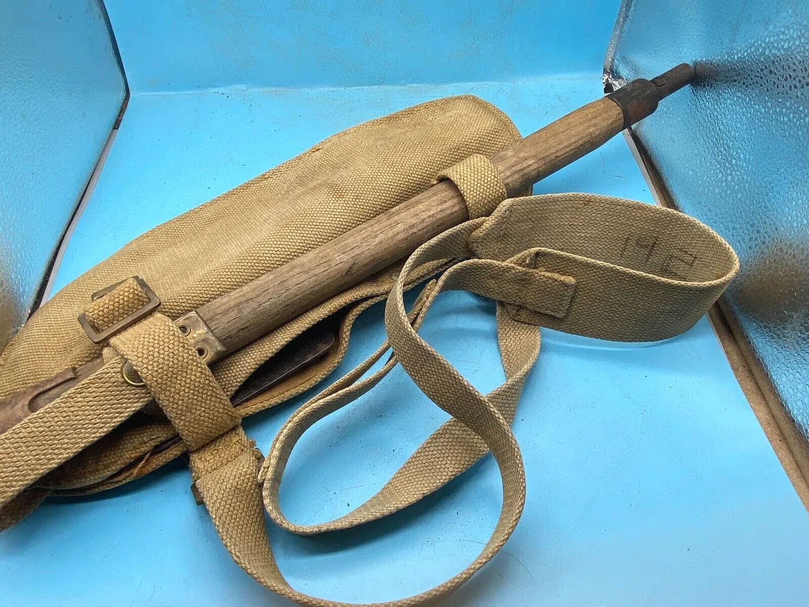 Original WW2 British Army Canvas Handle, Carrier & 1944 Dated Helve with Strap