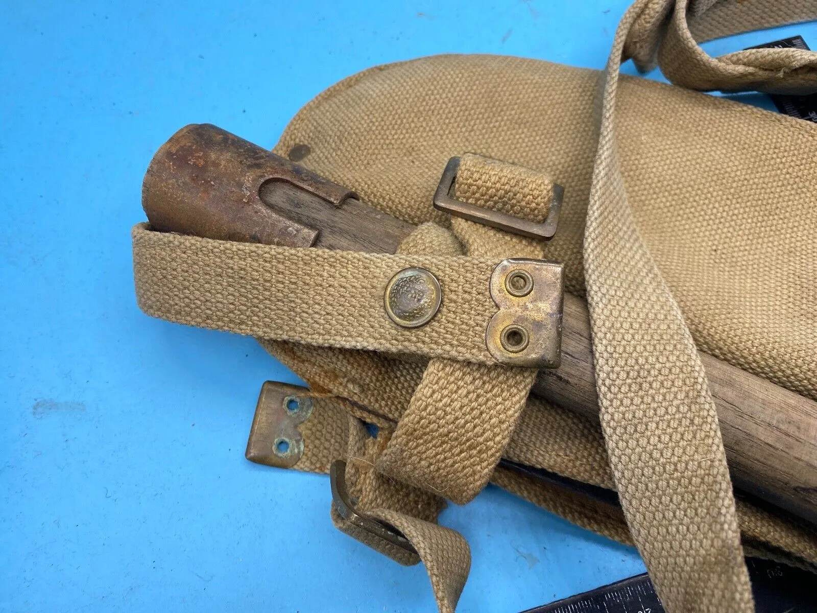 Original WW2 British Army Canvas Handle, Carrier & 1944 Dated Helve with Strap