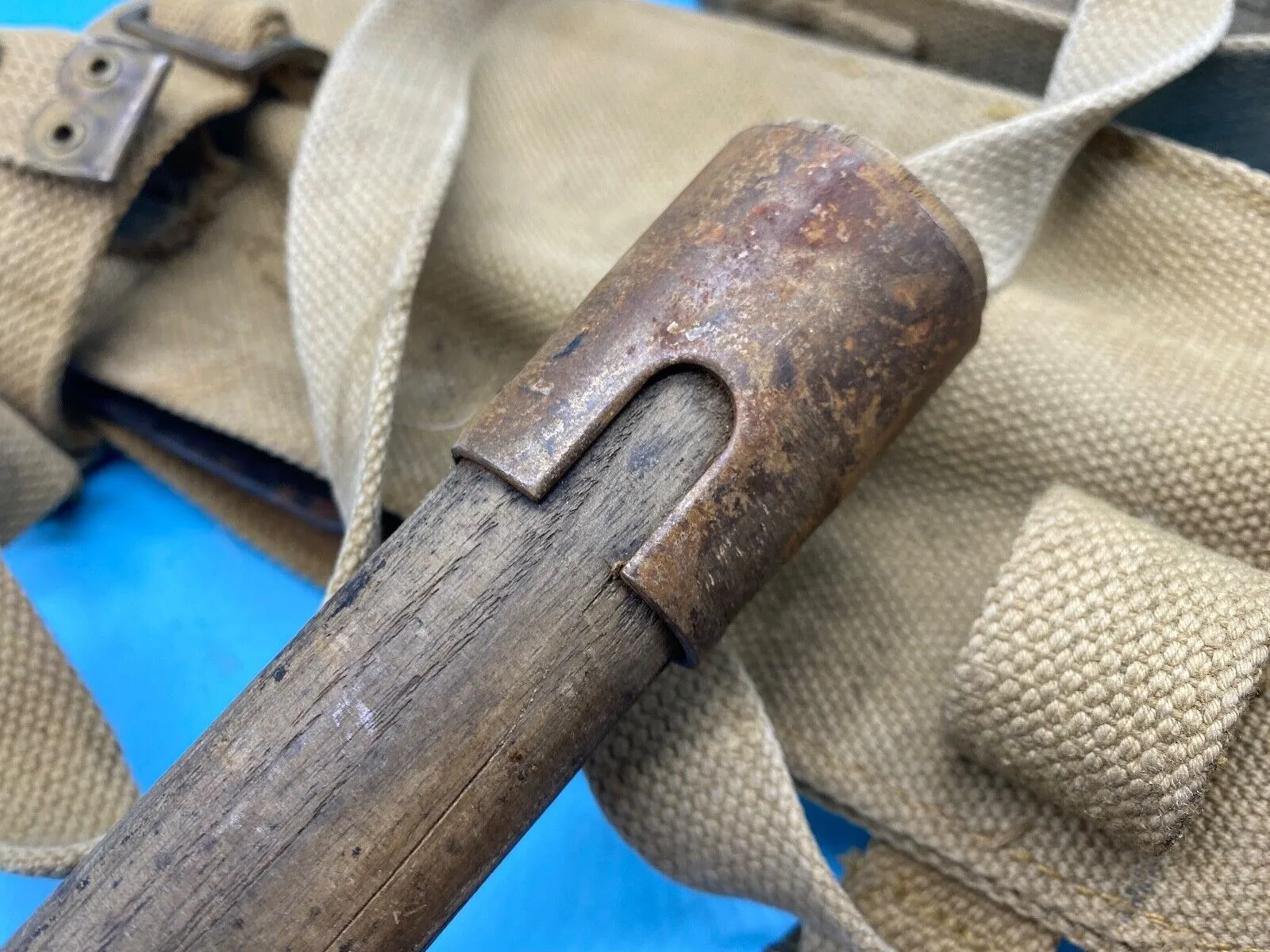 Original WW2 British Army Canvas Handle, Carrier & 1944 Dated Helve with Strap