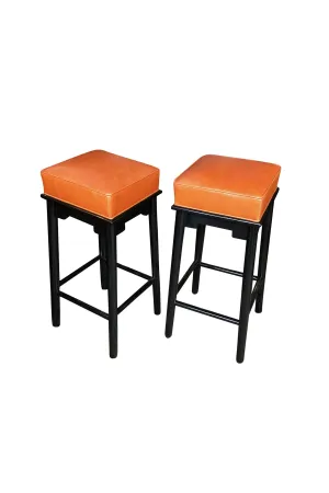 Pair of 1950s Leather & Lacquered Bar Stools in the Style of James Mont
