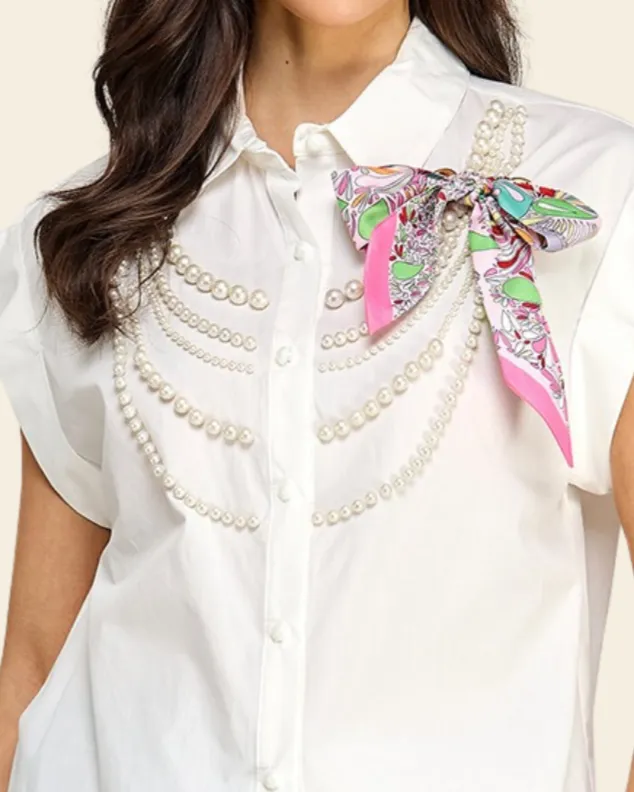 PEARL N RIBBON DETAIL BUTTON SHIRT