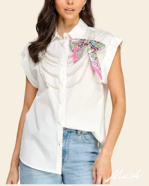 PEARL N RIBBON DETAIL BUTTON SHIRT
