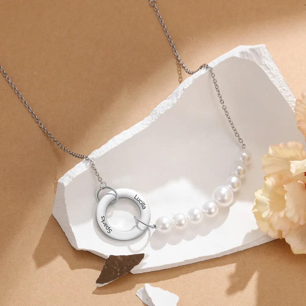 Personalized Name Engraving Simulated Pearl Circle Necklace