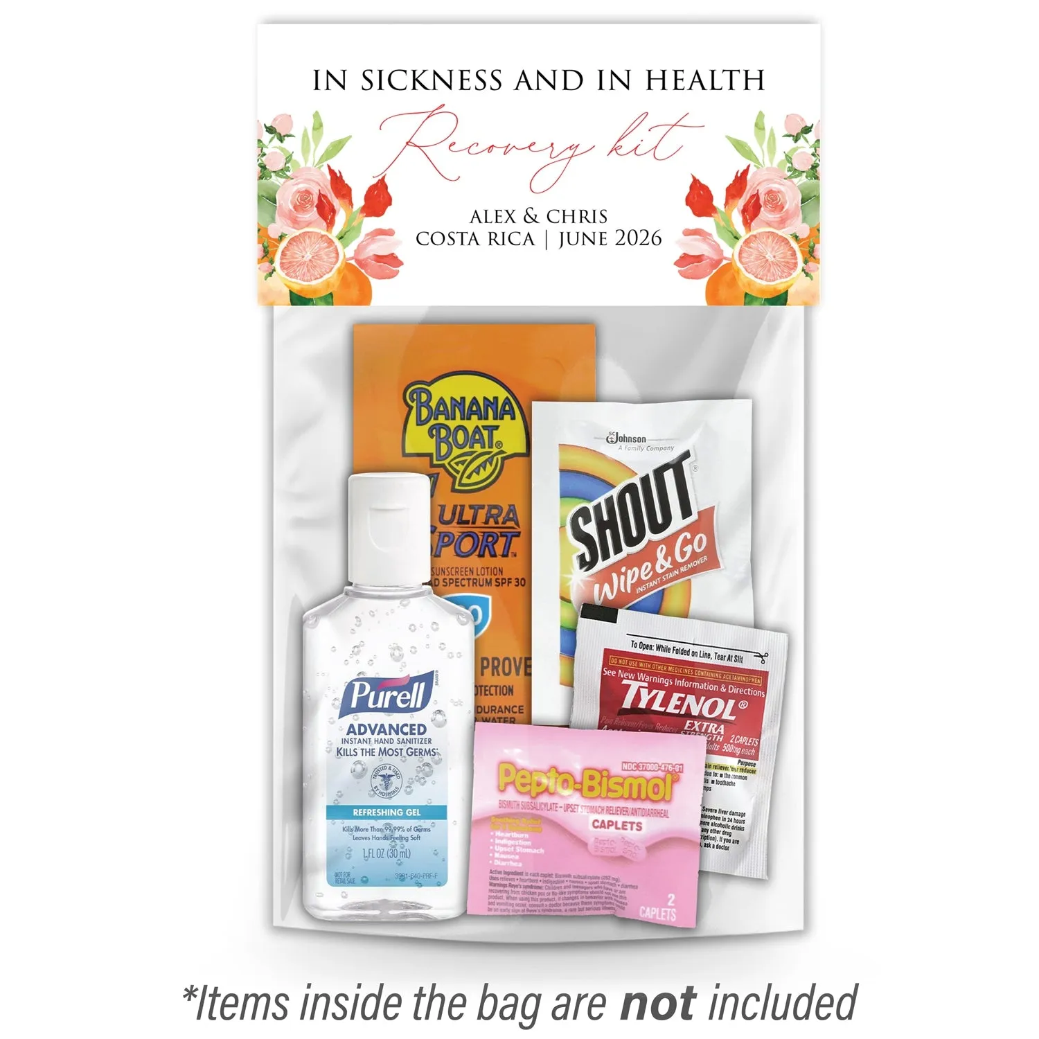Personalized Wedding Hangover Recovery Kit Bag & Topper - Citrus Bouquet