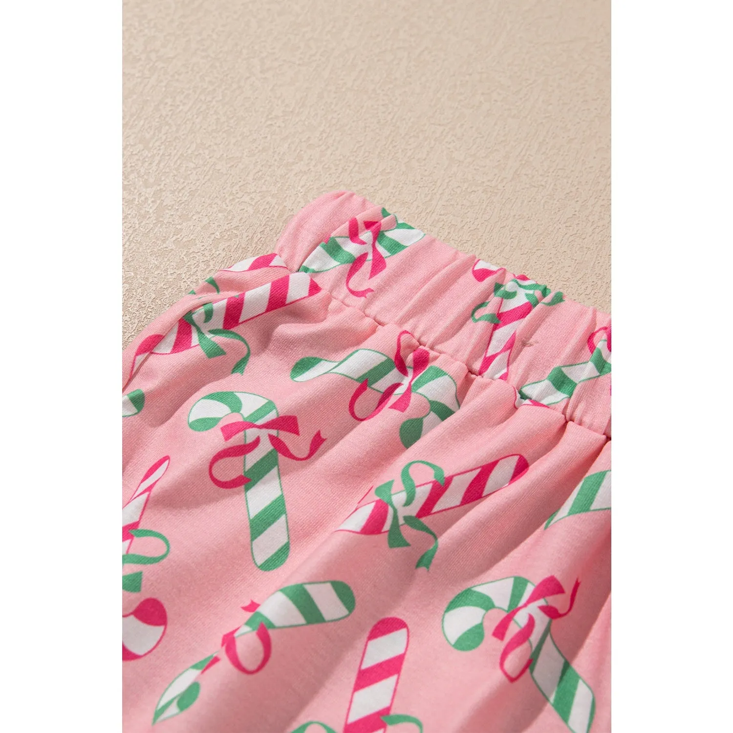 Pink Christmas Candy Cane Print Knotted Pajama Set